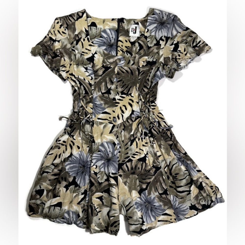 Vintage DJ Int'l Romper 100% Rayon, Short Sleeve Lace Up 80s Vibe, Monsterra